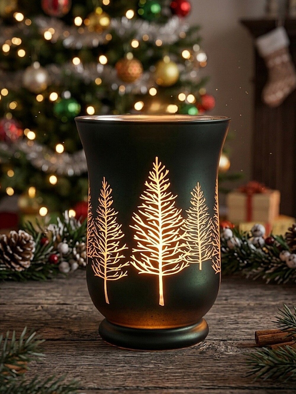 Hurricane Glass Candle Votive, Winter Pine Tree